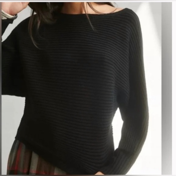 Anthropologie Black Ribbed Boat Neck Crop Sweater, L - Picture 2 of 8